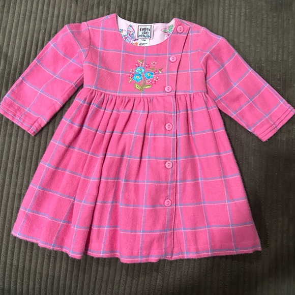Cotton Kids Other - Girls' Pink Plaid Button-Front Dress with Floral Embroidery